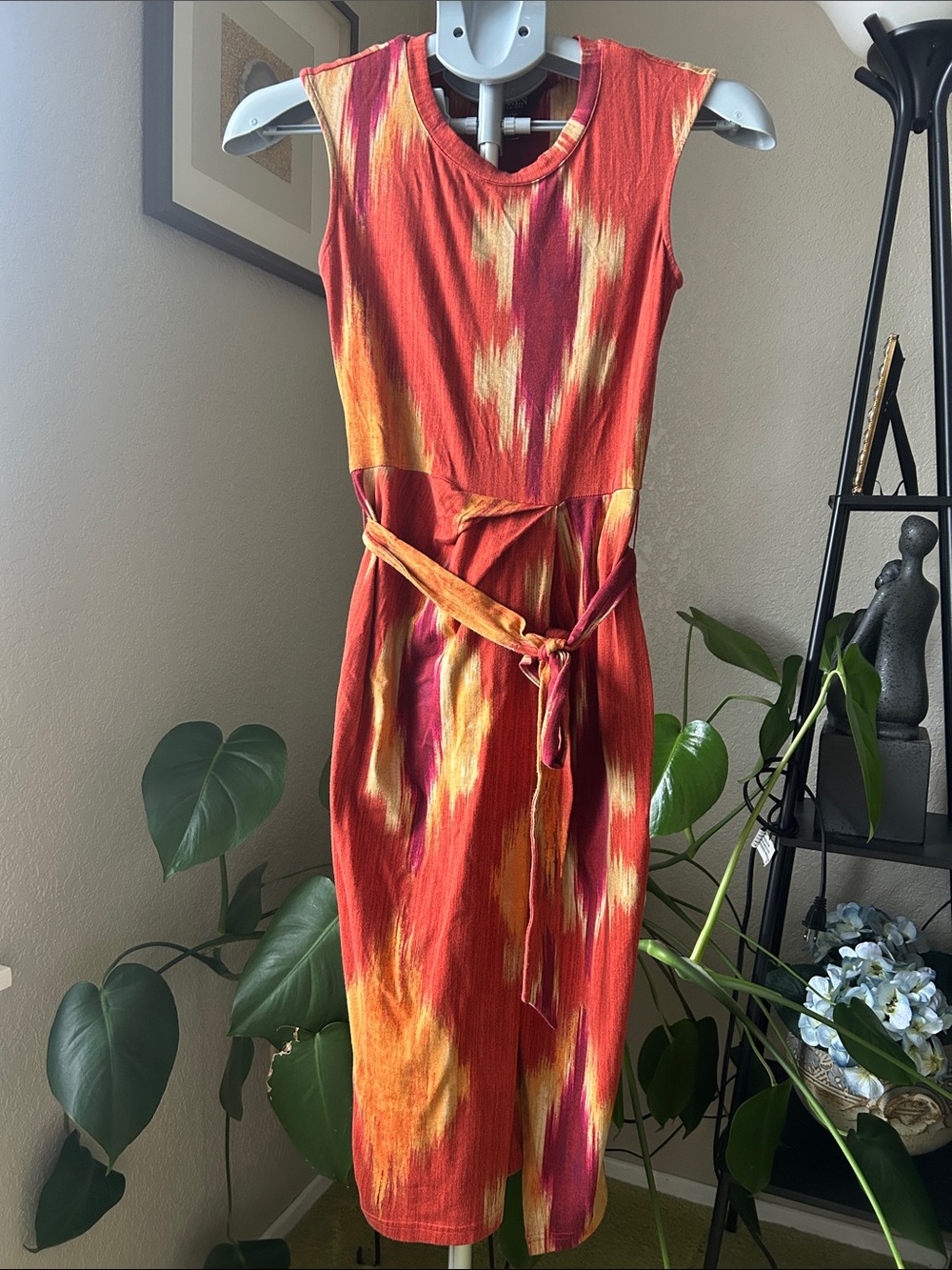 Ralph Lauren Red Sleeveless Tie-Waist Midi Dress with Yellow and Pink Accents